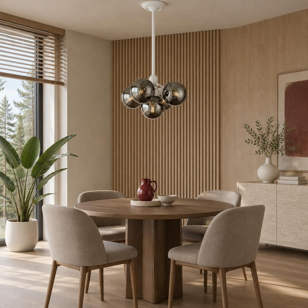 Підвісна люстра на стрижні з п'ятьма кулястими скляними плафонами
