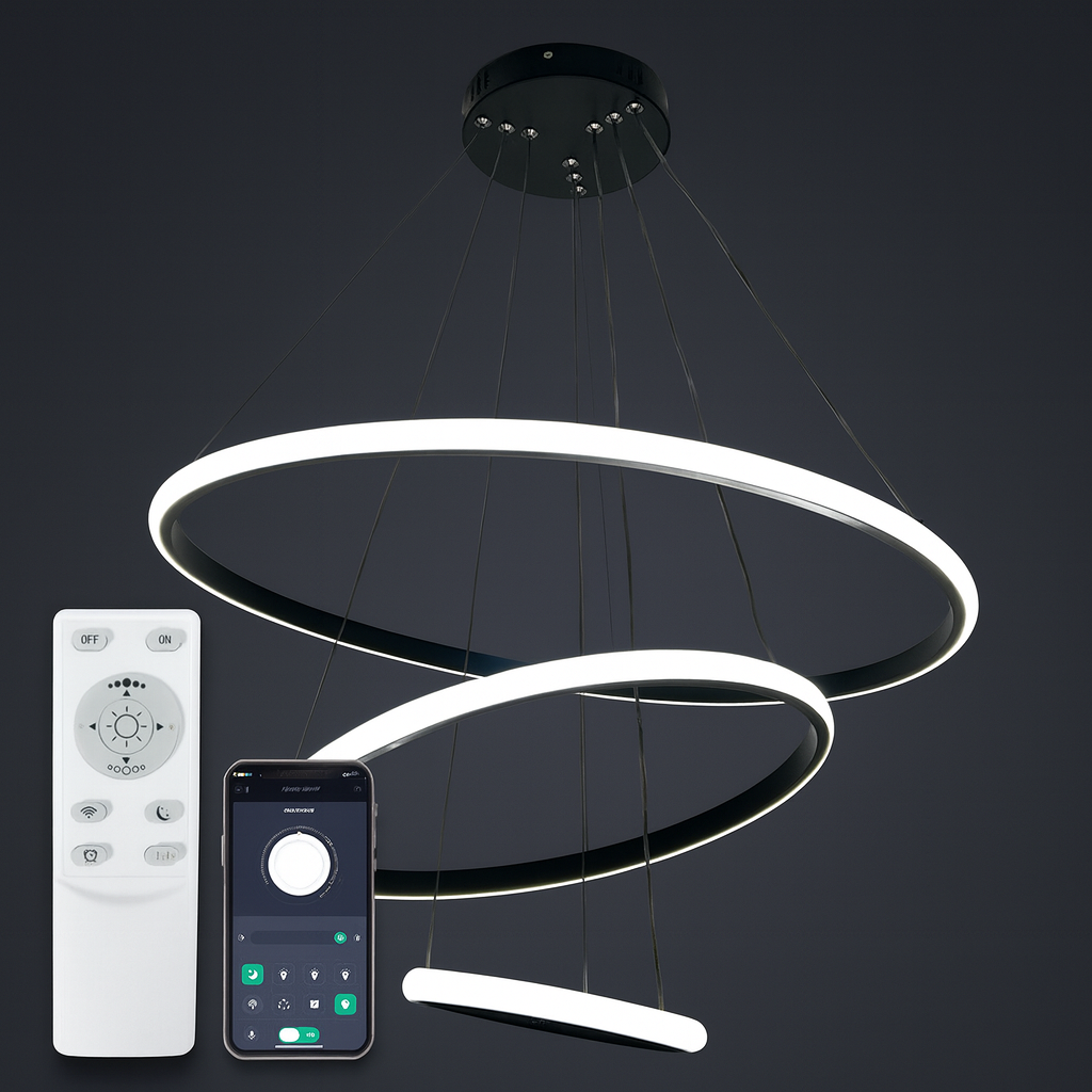 Підвісна чорна люстра з пультом D-60 cm Led 75W Black+White Rings 251174-100006744