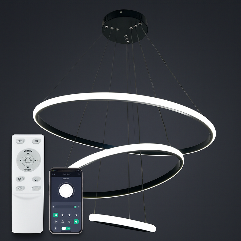 Підвісна чорна люстра з пультом D-60 cm Led 75W Black+White Rings 251174-100006744