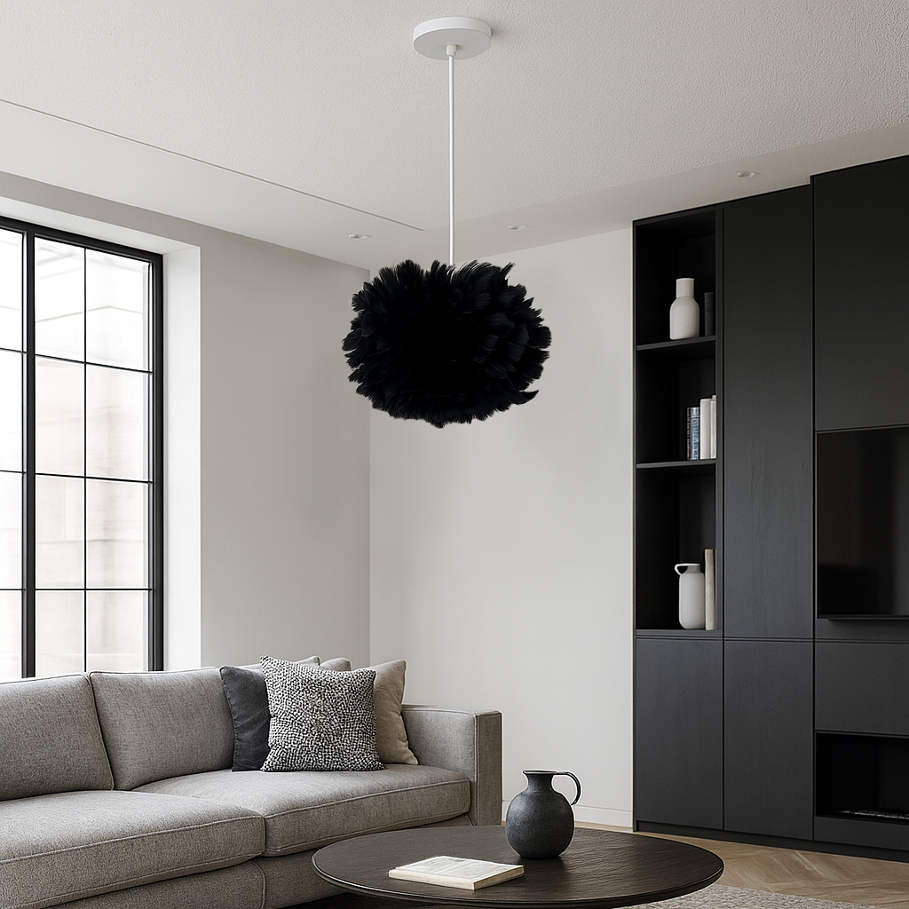 Люстра підвісна з чорним плафоном з пір'я D-40 cm/ 60 cm E27 Перо Black Feather 260718-100008462