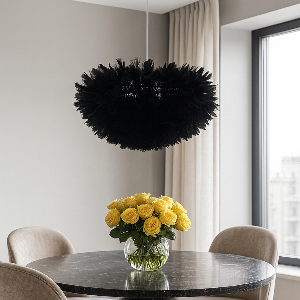 Люстра підвісна з чорним плафоном з пір'я D-40 cm/ 60 cm E27 Перо Black Feather 260718-100008462