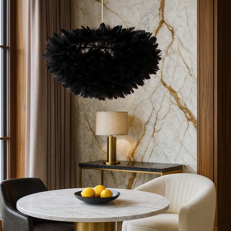 Люстра підвісна з чорним плафоном з пір'я D-40 cm/ 60 cm E27 Перо Black Feather