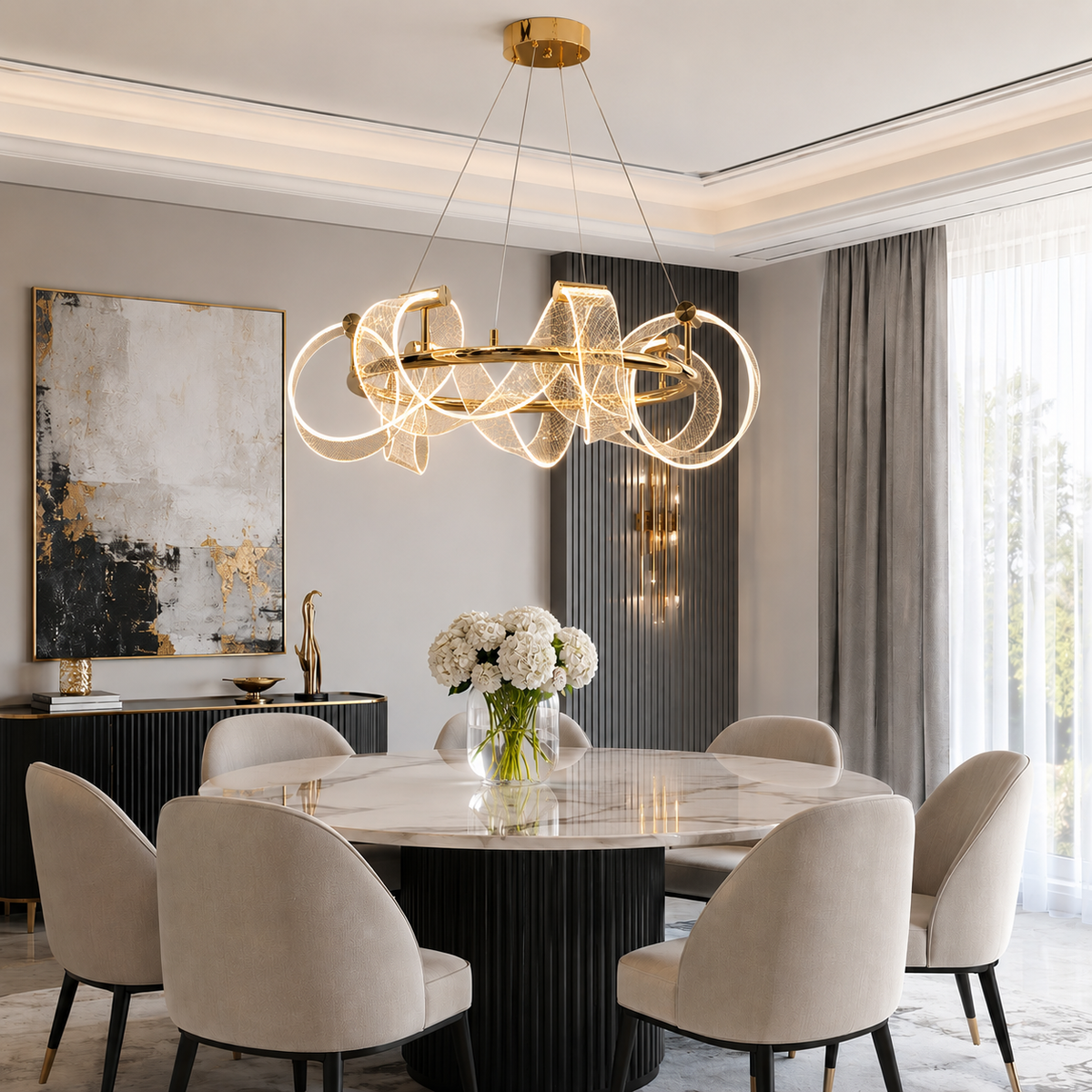 Люстра підвісна золота з акриловим фігурним плафоном D-60 cm / D-80 cm Led 18W / 30W Gold Curly 260735-100008416