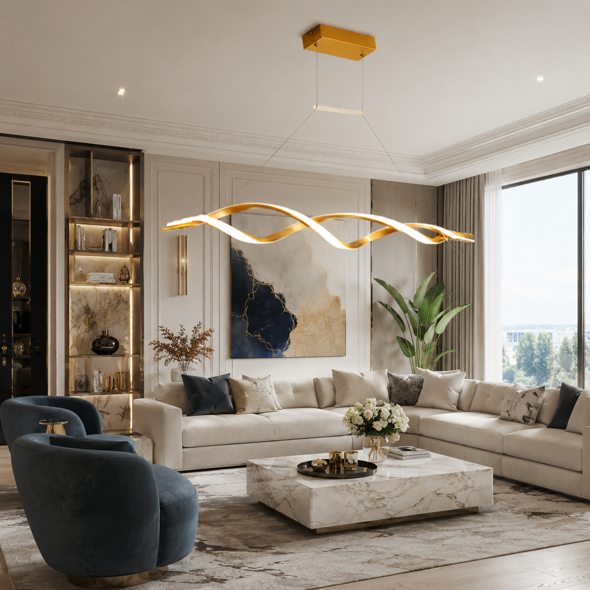 Люстра підвісна золота L-100 см / L-120 см Led 38W / 46W Gold Gemo Wave 231118-100002838