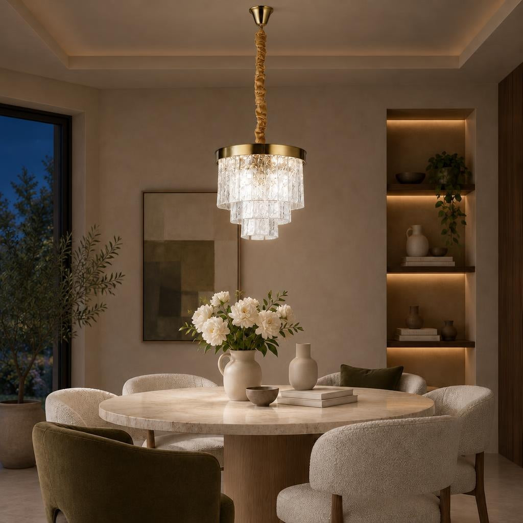 Увечері: Кругла підвісна люстра з прозорими скляними плафонами на металевому каркасі # Розмір_40 см