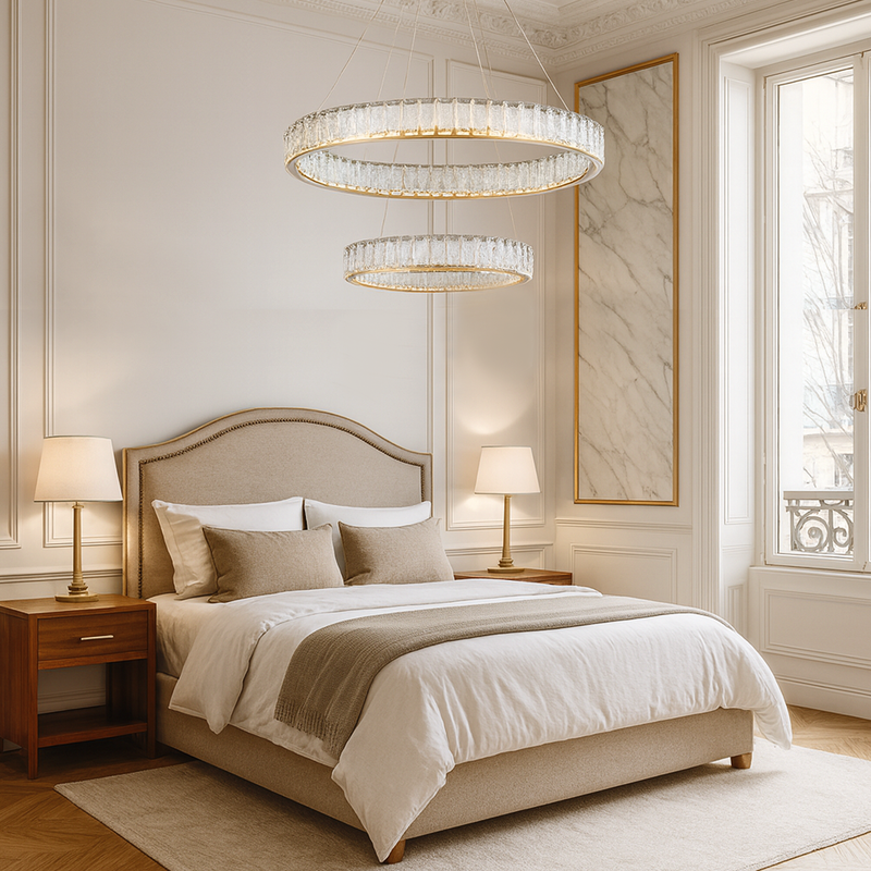 Люстра золота подвійна кільцева з кришталевим плафоном з візерунком 60+40 cm / 80+50 cm Gold Double Crystal Lattice Nice 251235-100006781