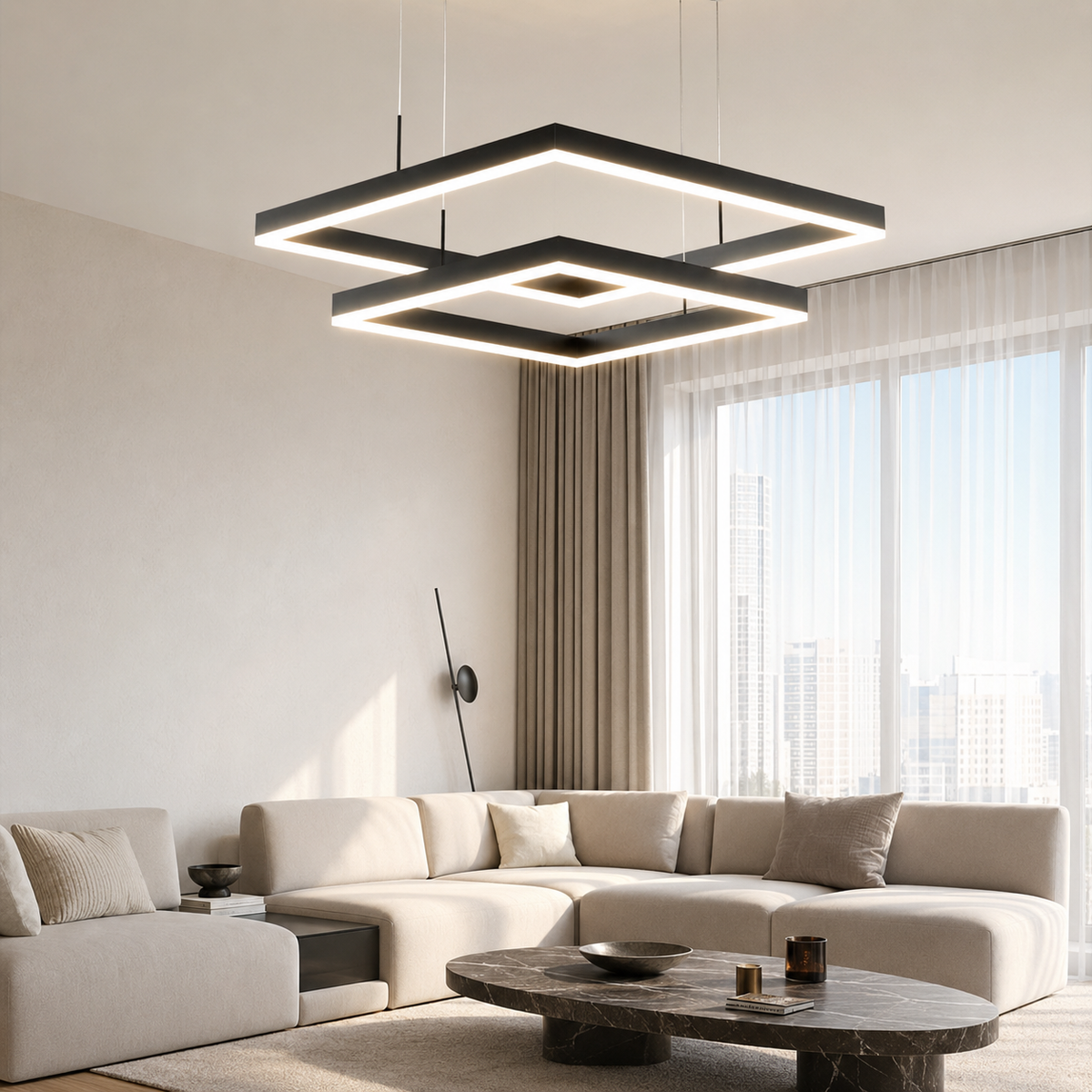 Люстра підвісна подвійна L-60+80 cm Led 70W 3000K-6000K Black Double Square 260718-100008414