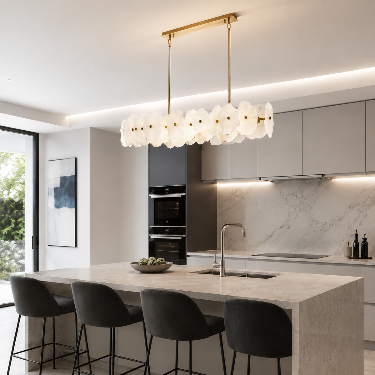 Видовжені люстри з мармуру L-100 cm / L-120 cm Led 3000K-6000K White+Gold Marble Flower 260618-100008143
