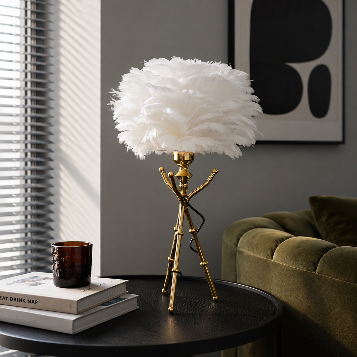 Настільна лампа золота з пір'ям H-50 cm E27 Gold+White Feather 260618-100008145