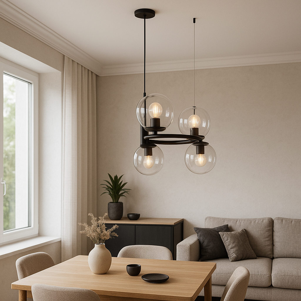 Люстра підвісна чорна з прозорими плафонами D-41 cm E27*4 Black+Clear Bubbles 250731-100005548