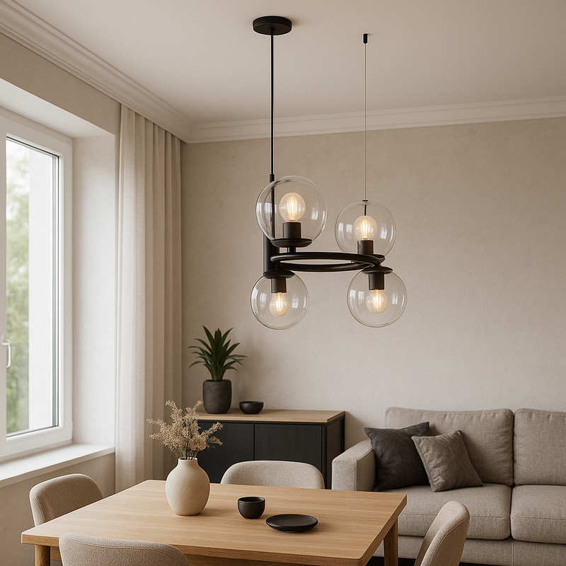 Люстра підвісна чорна з прозорими плафонами D-41 cm E27*4 Black+Clear Bubbles 250731-100005548
