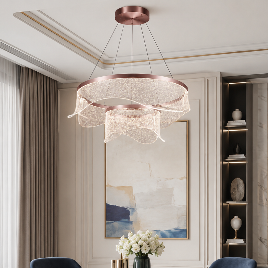 Підвісна подвійна люстра золота D-60+30 cm Led 75W 3000K-6000K Gold rose Aurora 260688-100008182