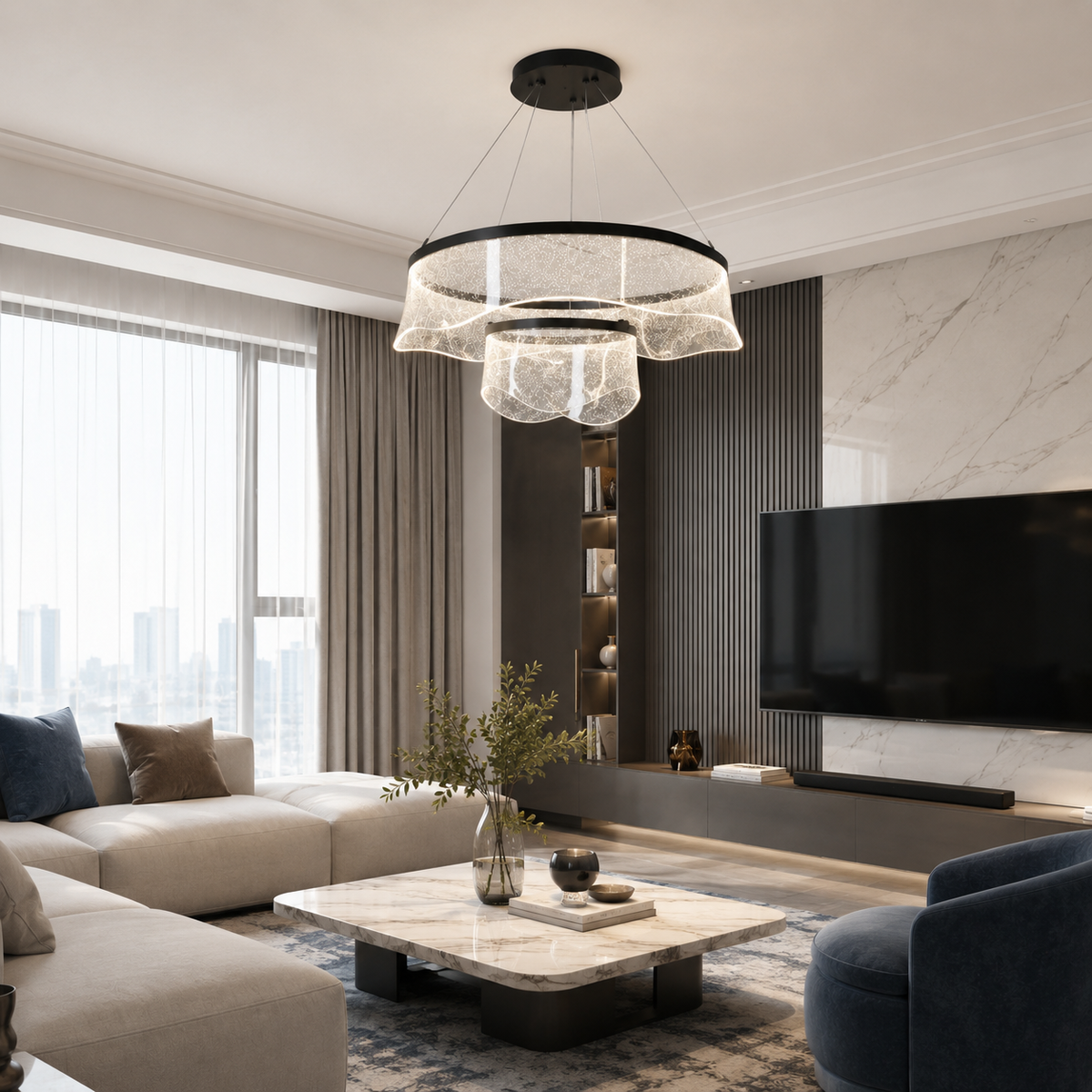 Підвісна подвійна люстра чорна D-60+30 cm Led 75W 3000K-6000K Black Aurora 260688-100008183
