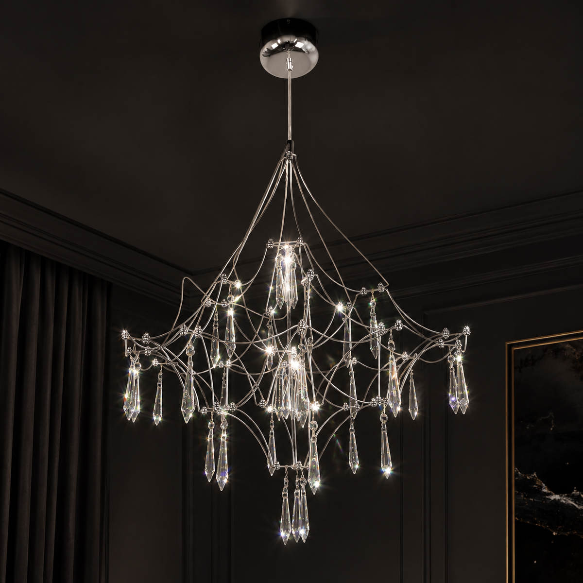 Підвісні люстри срібні з пультом D-60 cm / D-80 cm / D-100 cm Led 3000K-6000K Chrome Rain 260618-100008202