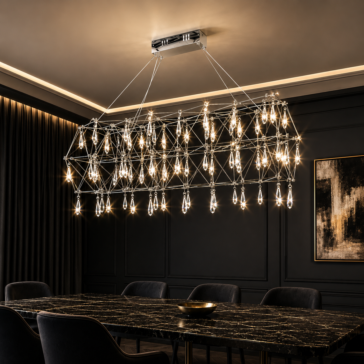 Підвісна люстра срібна з кристалами з пультом L-120 cm Led 52W 3000K-6000K Chrome Rain 260618-100008205