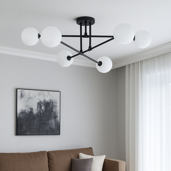 Люстра чорна з 6 білими плафонами D-70 cm H-21 cm G9 Black Faro Bollo 250631-100005362