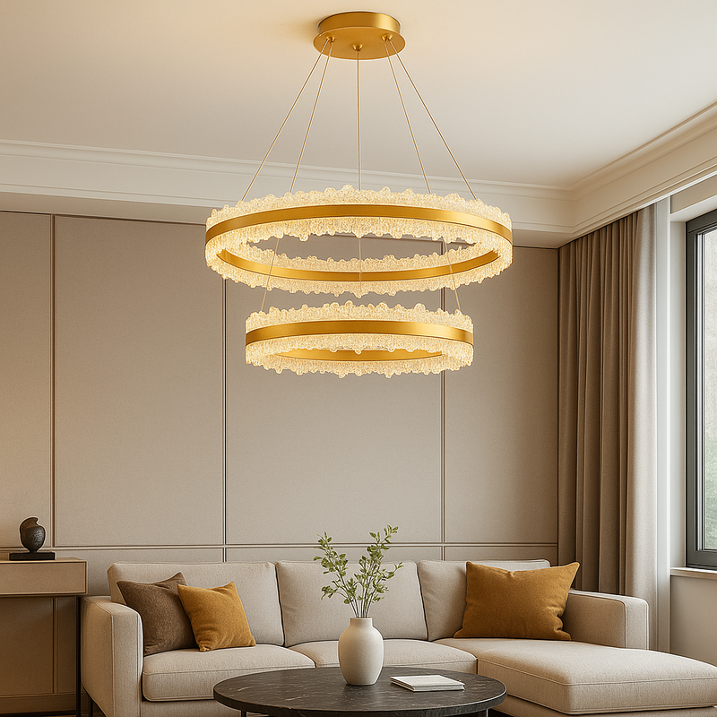 Підвісна подвійна люстра золота брашована світлодіодна D-40+60 cm Led 248W Gold Frozen 250819-100005869