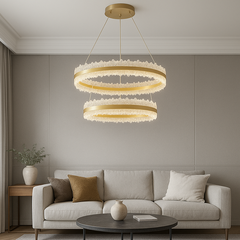 Підвісна подвійна люстра золота брашована світлодіодна D-40+60 cm Led 248W Gold Frozen 250819-100005869