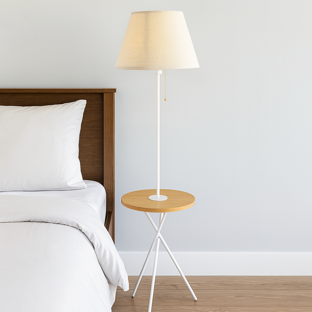 Торшер зі столиком з дерева білий H-168 cm E27 White Wooden table 250722-100005402
