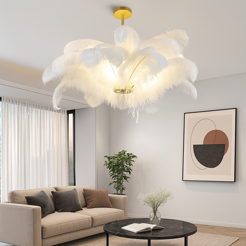 Підвісна біла люстра перо з золотом D-80 cm H-40 cm G9 Gold+White Feather 250818-100005727