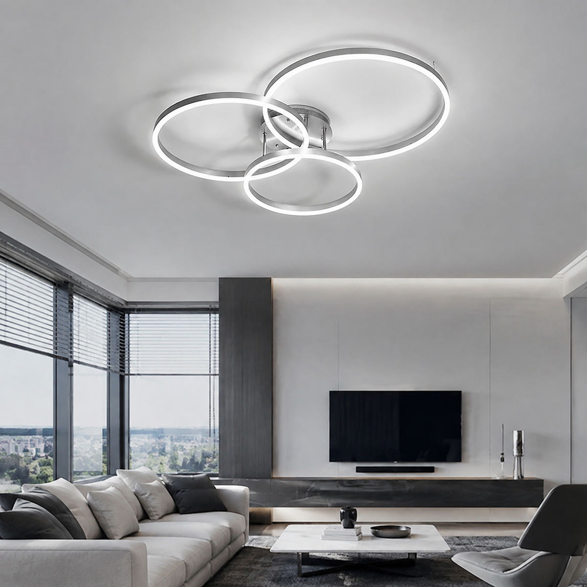 Стельова люстра срібна з пультом потрійна L-80 cm Led 94W Кільця Anelli Rings 3 Chrome 260818-100008730
