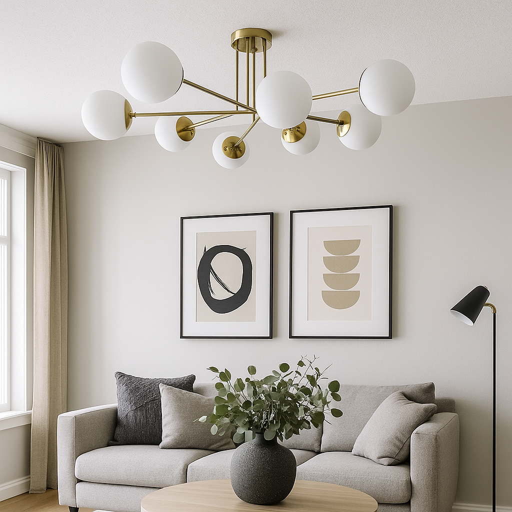 Люстра золота з білими плафонами L-73 cm H-25 cm E27*8 Gold Wendy 251118-100006511