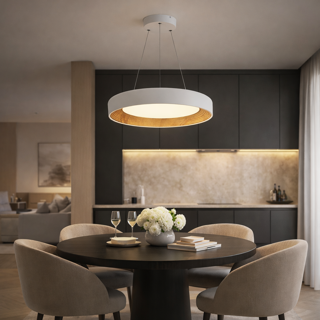 Підвісна люстра біла D-50 cm Led White+Wood Round 260322-100007627