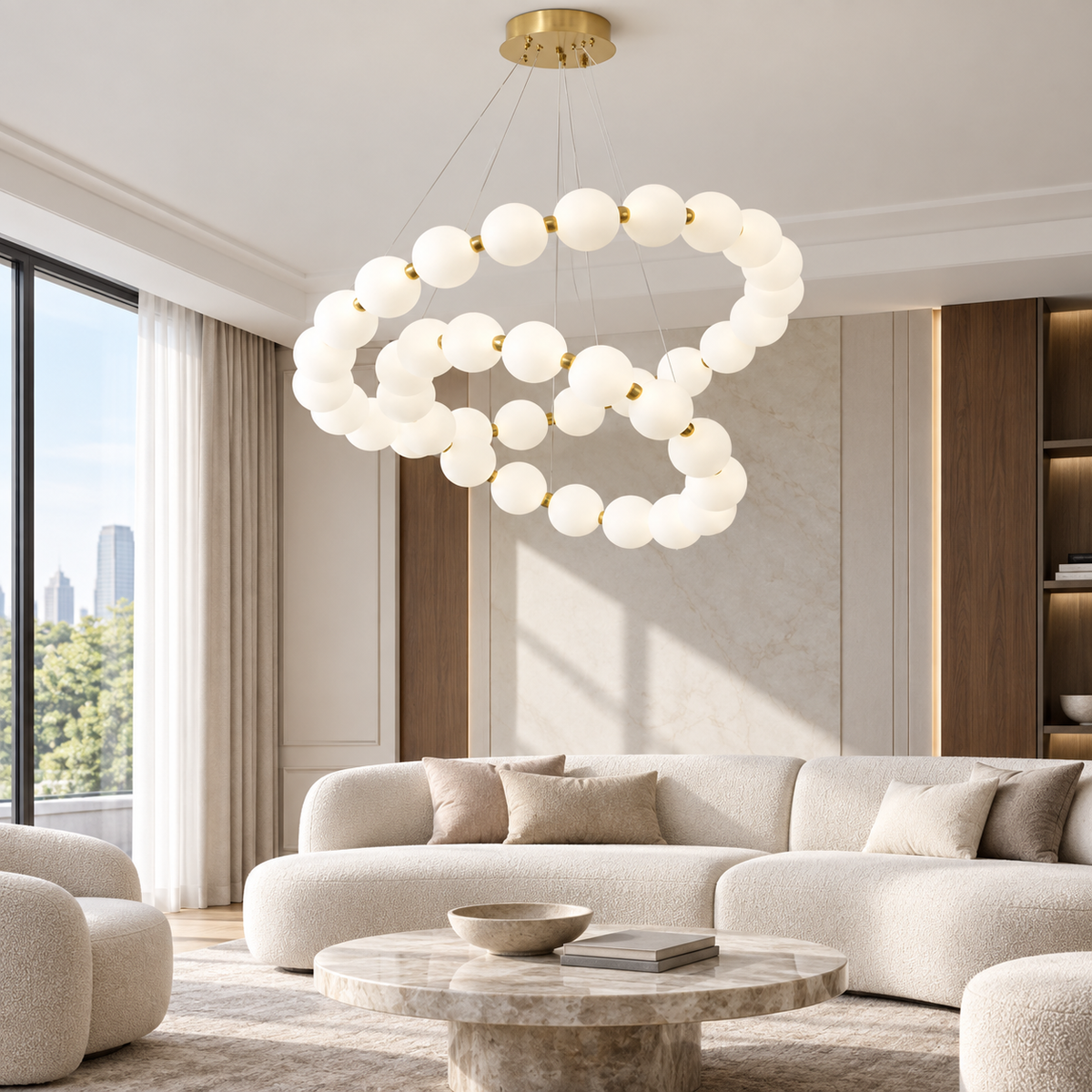 Підвісна люстра золота D-80+50 cm Led Gold+White Pearls 260918-100008825