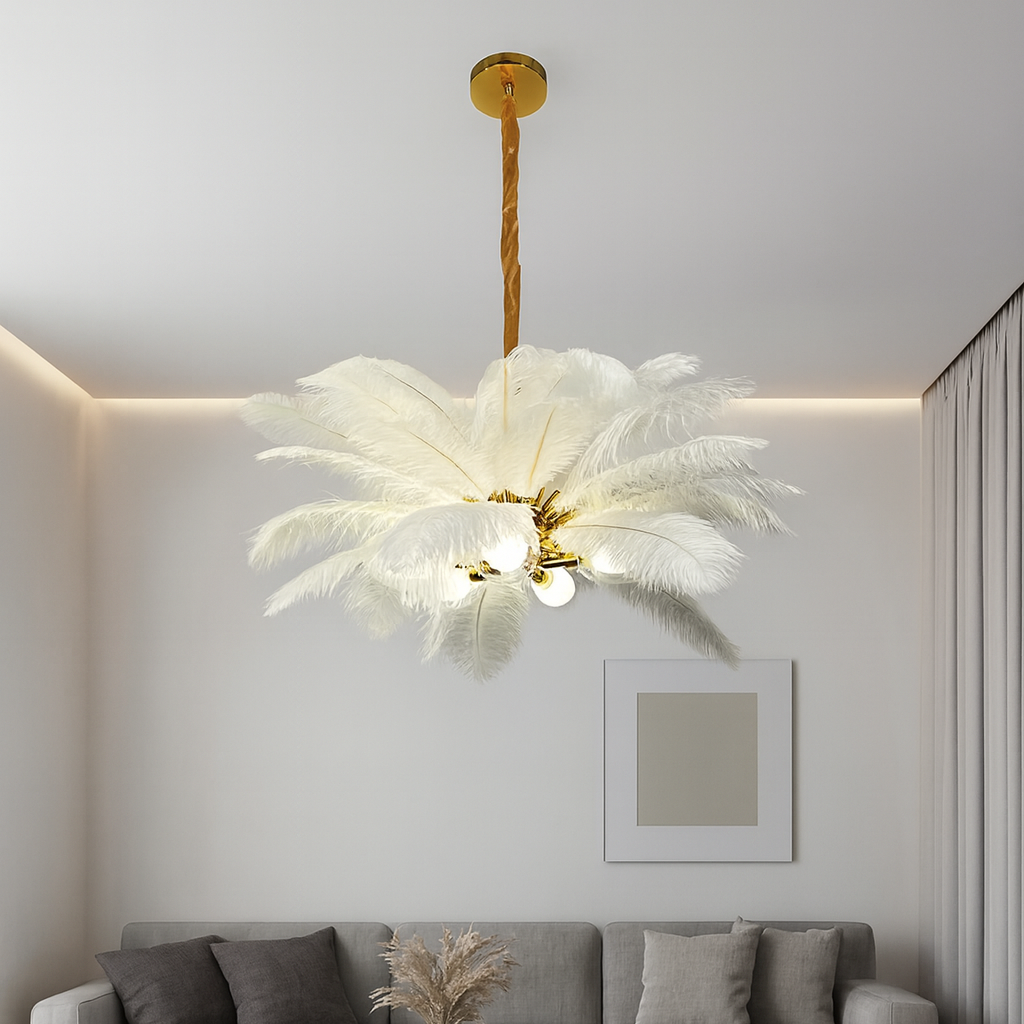 Підвісна біла люстра перо з золотом D-80 cm H-40 cm G9 Gold+White Feather 250818-100005727