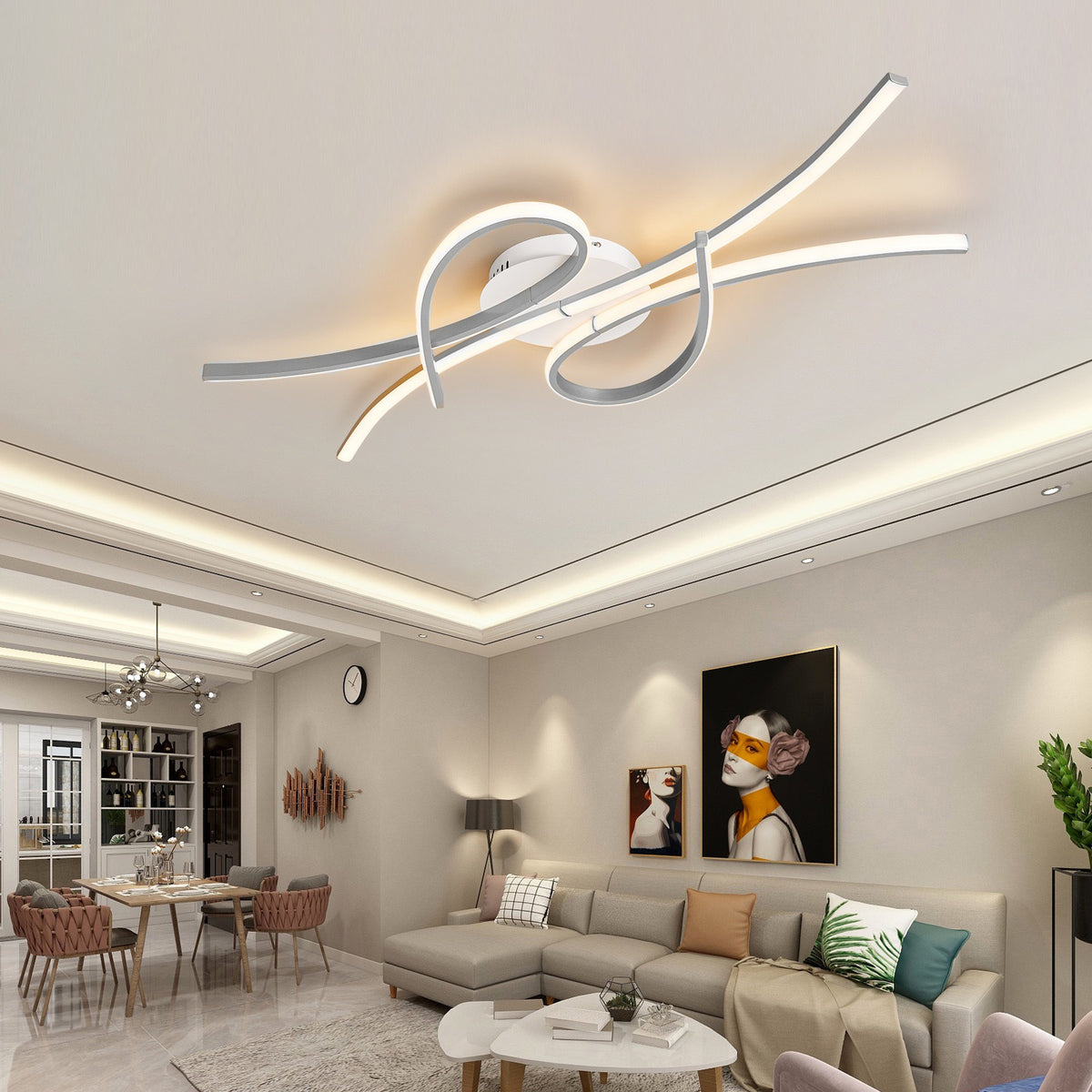 Люстра стельова світлодіодна L-86 см Silver 3000K-6000K W-36 см Н-13 см 102W Wave ceiling 240219-100003087