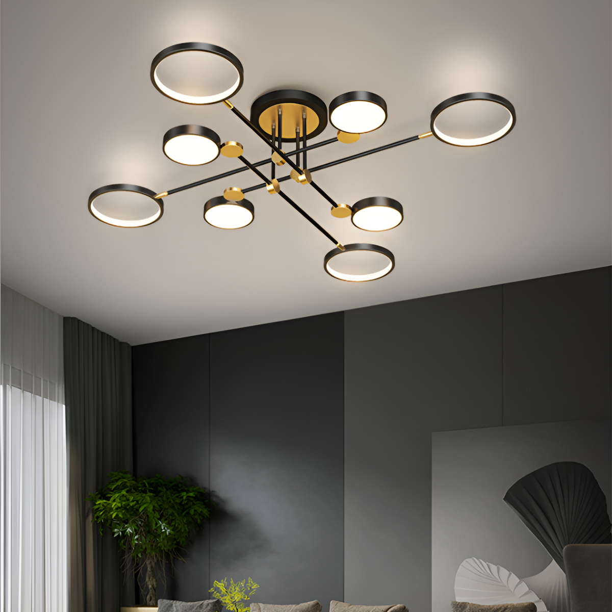 Люстра стельова чорна з золотом L-117 cm Led 80W Black+Gold Супутник Rings 250835-100005731