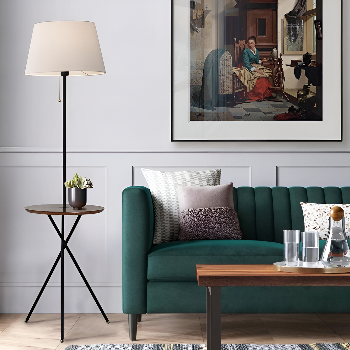 Торшер зі столиком з дерева чорний H-168 cm E27 Black Wooden table 250722-100005401