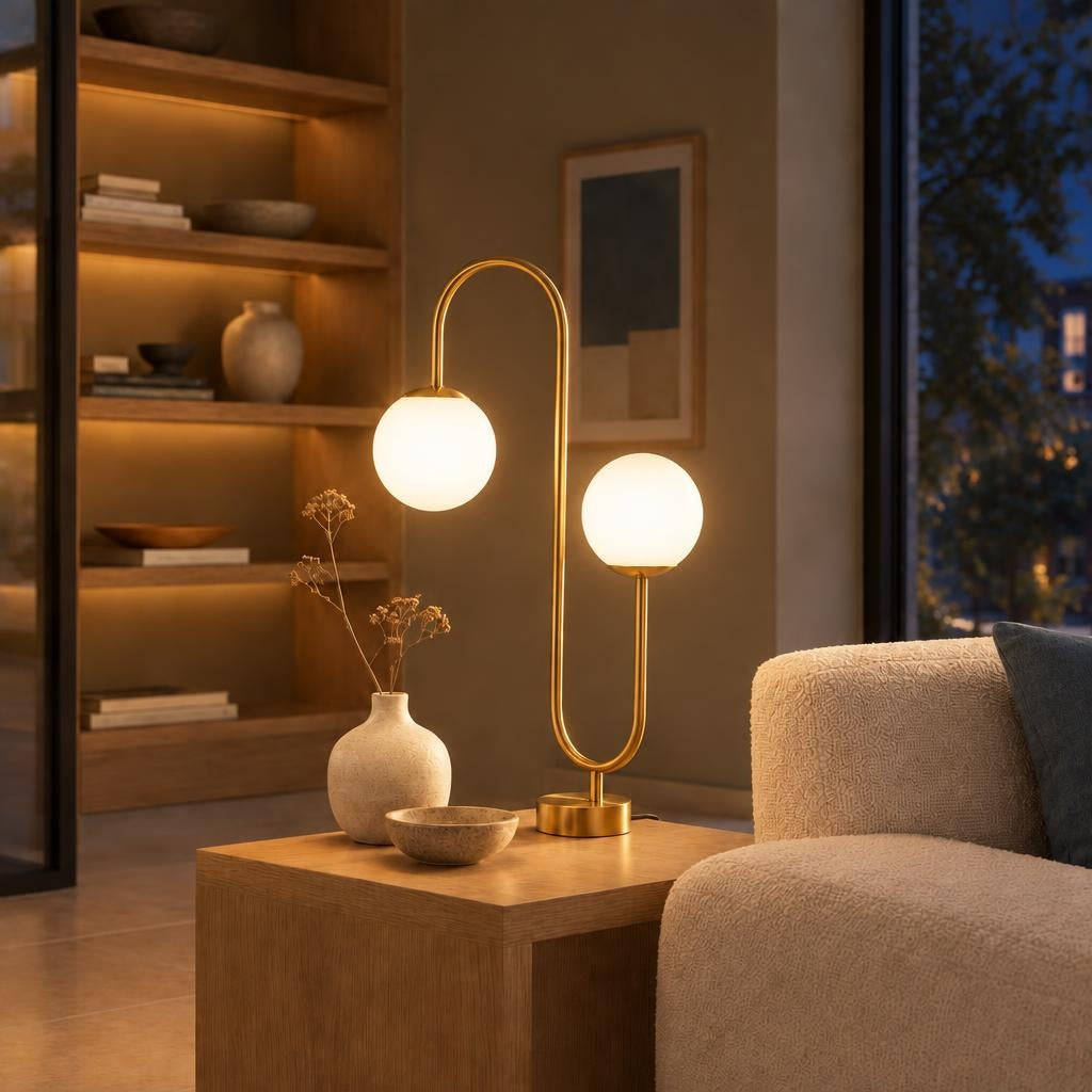 Візуалізація увечері: Настільна лампа з двома скляними кулями # Колір корпусу_Бронзовий