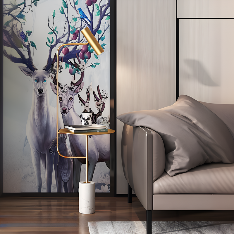 Торшер золотий зі столиком з білим мармуром H-162 cm Gold Lupe Table Lamp 210514-25157