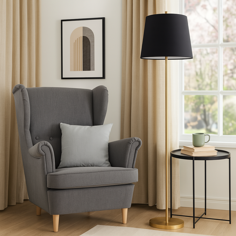 Торшер золотий з чорним абажуром Стенд H-169 cm E27 Gold+Black Stand 250740-100005500