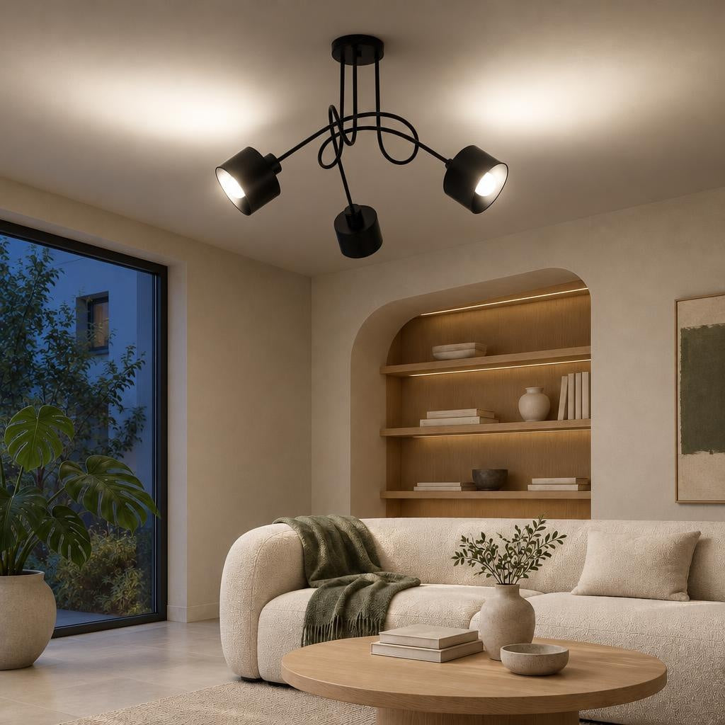 Візуалізація увечері: Стельова люстра незвичної форми з трьома металевими плафонами