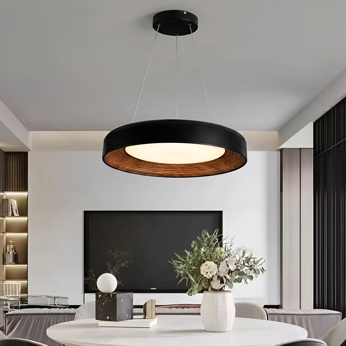 Підвісна люстра чорна D-50 cm Led Black+Wood Round 260322-100007628