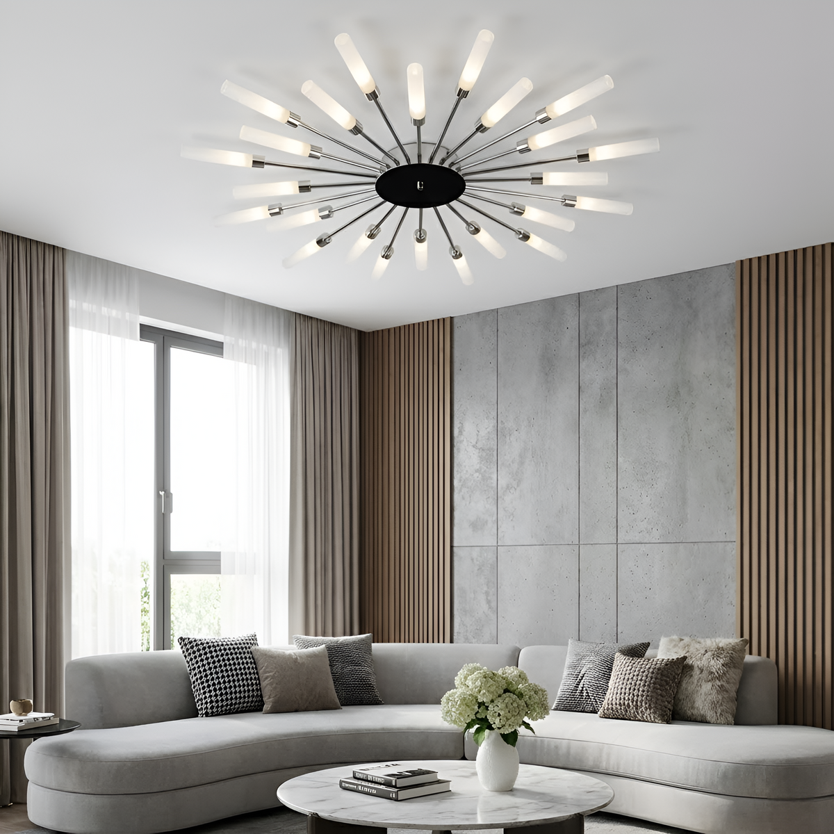 Стельові люстри срібні з промінцями D-69 cm / D-96 cm Chrome+White Sun 260118-100007046