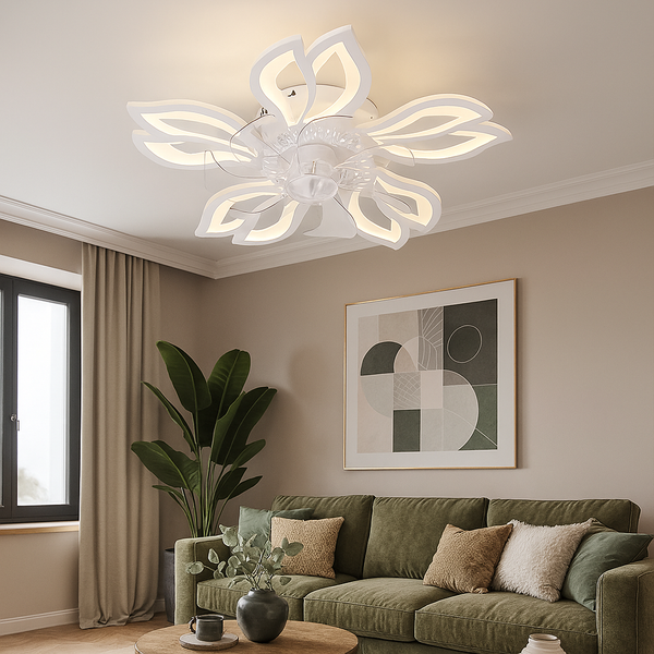 Стельова люстра біла з прозорим вентилятором керована квітка D-68 cm Led 85+18W White Fan lamp Flower 250775-100005529