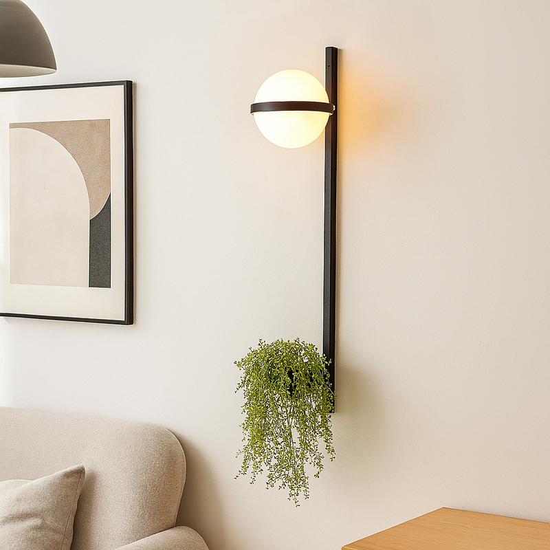 Настінний світильник чорний з білим плафоном і горшиком H-114 cm Black+White Green Orbit flower 250758-100005523