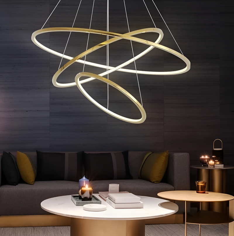 Люстра золота підвісна три кільця D-80+60+40 см Н-50-180 см Led Gold 3000К-6000К Rimy 240158-100003016