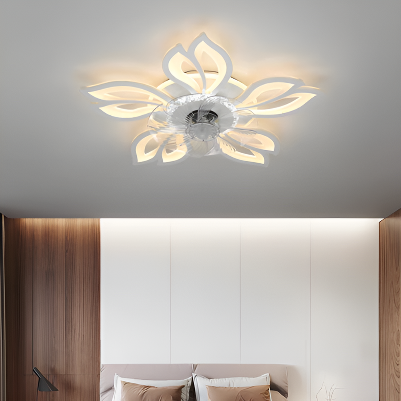 Стельова люстра біла з прозорим вентилятором керована квітка D-68 cm Led 85+18W White Fan lamp Flower 250775-100005529