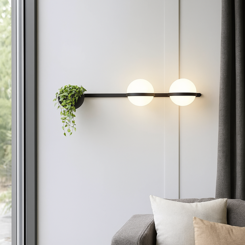 Настінний світильник чорний з білими плафонами та кашпо L-120 cm Led / E14 Green Orbit 2 balls flower 250758-100005521
