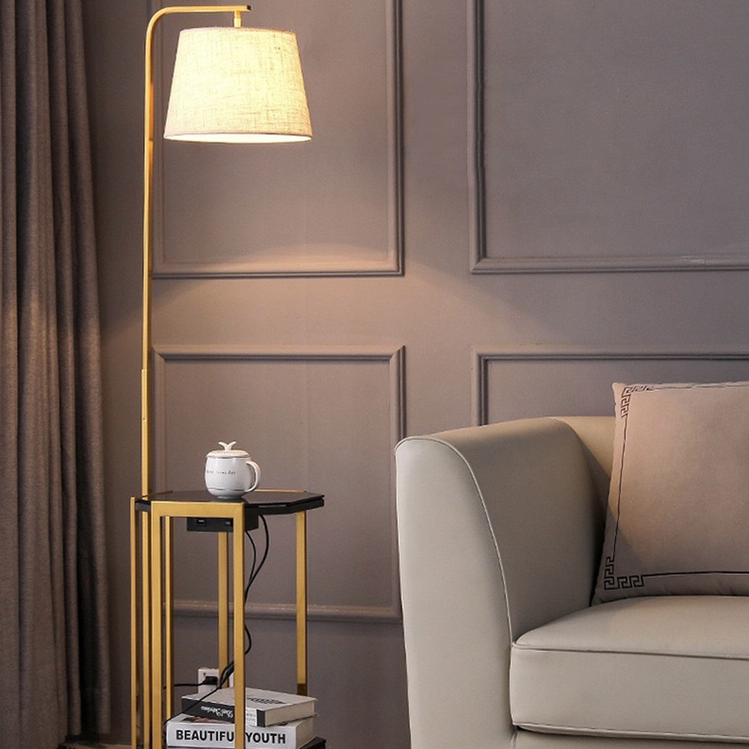 Торшер зі столиком H-162 cm D-30 cm E27 Brass+White Floor Lamp 220722-100000916